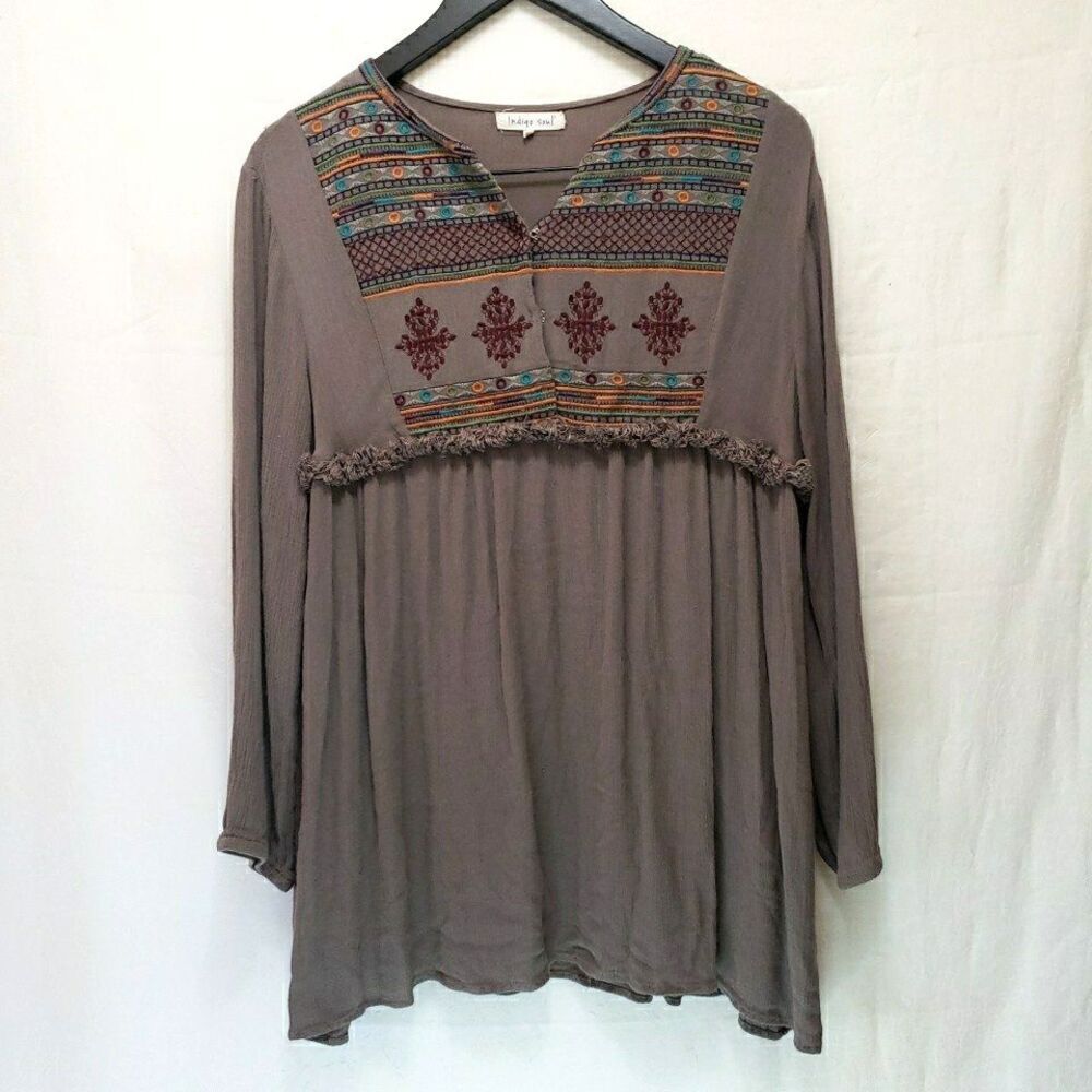 Indigo Soul Boho Peasant Tunic Top Womens Size Large Embroidered Fringe *FLAW